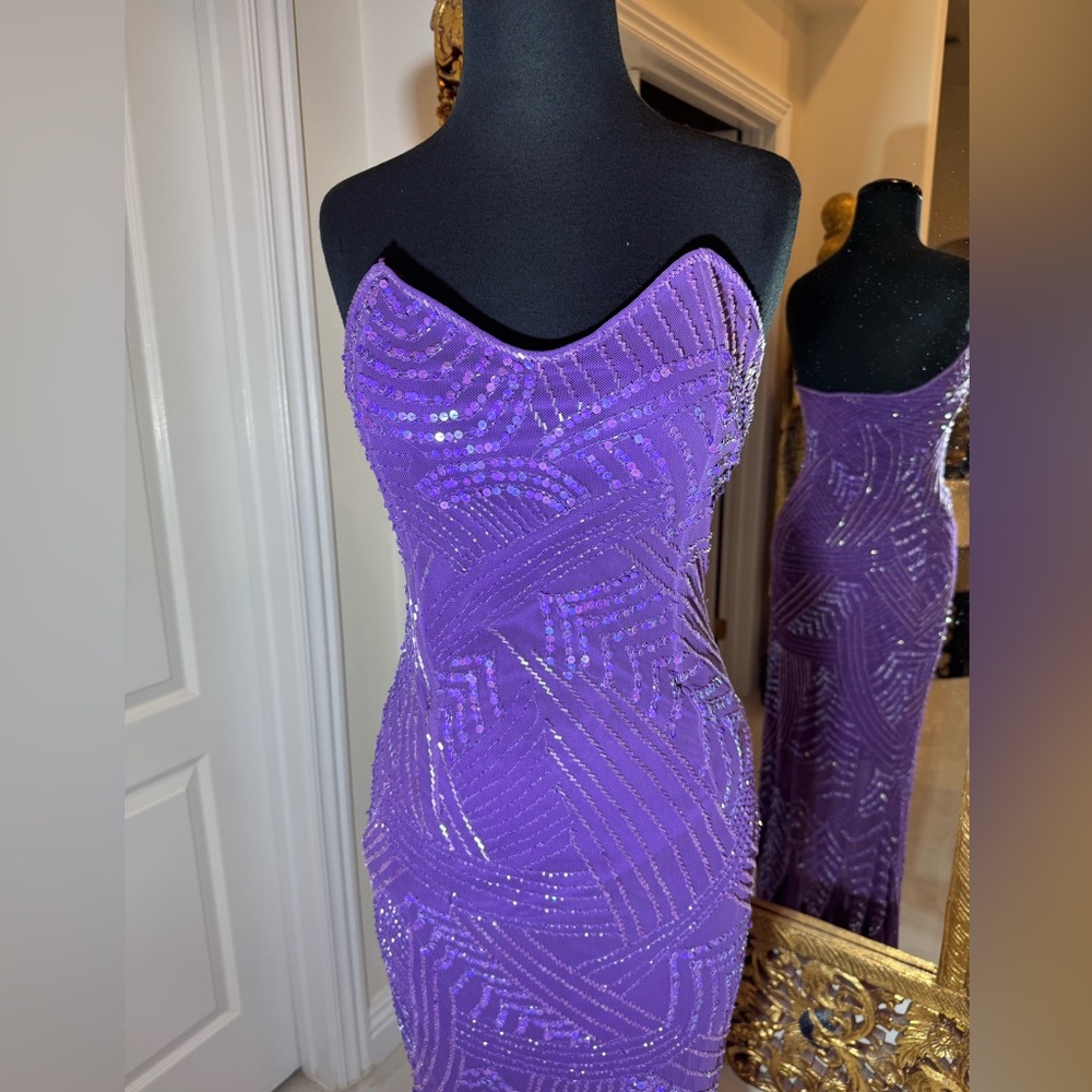 Purple Sequin hand beaded on Power mesh Strapless Evening Dress - Picture 3 of 9